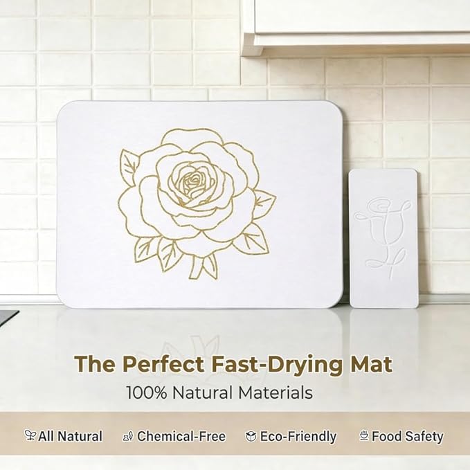 Stone Dish Drying Mat for Kitchen Counter, Glittery Resin Rose Pattern Quick Drying Mat, Water Absorbing Diatomaceous Pad for Plate Bottle Utensil Rack,Space Saving (Gold & White, 16"×12")