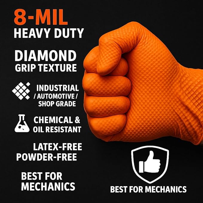 AroCare 8 Mil Orange Nitrile Gloves,3D Raised Diamond Texture-Latex & Powder Free-Industrial, Mechanic