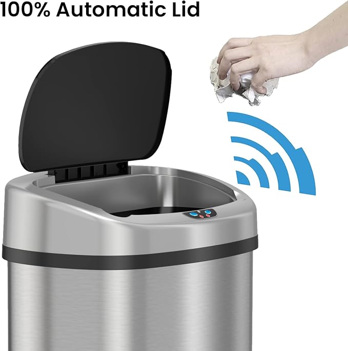 SensorCan 13 Gallon Automatic Touchless Sensor Kitchen Trash Can with Odor Filter and AC Adapter, Stainless Steel Garbage Recycle Bin, Oval Shape, Slim and Space Saving for Home, Office, Business