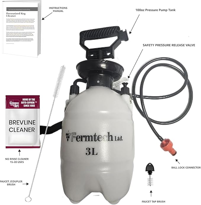 Beer Keg Line Beer Cleaning kit with 4oz Beer Line Cleaner - Hand Pump Pressurized - Easy Safe to Use Keg Cleaner - Brush Faucet Plug - With Ball Lock Keg Adapter
