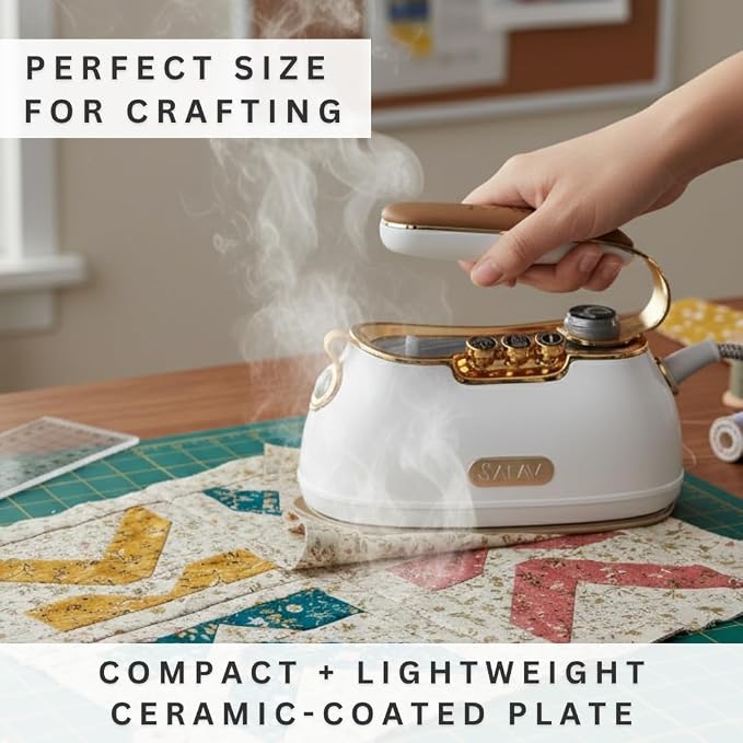 SALAV® Retro Edition Duopress Handheld Garment Steamer and Iron, Ceramic Plate, 1000 watts of Steam, Removes Wrinkles on Clothes, Vintage Style No Drip Steam, Pearl