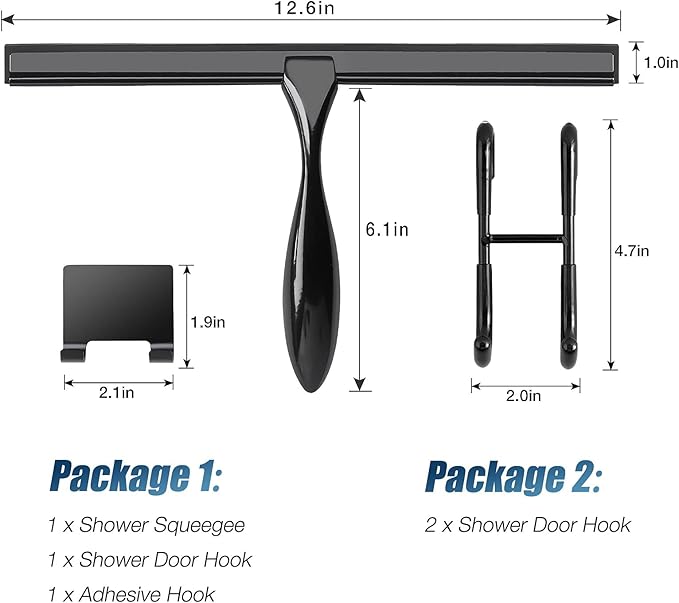 Simtive 12-Inch Shower Squeegee (Includes 1 Shower Door Hook and 1 Adhesive Hook), Shower Door Hooks (2-Pack), Both Black, 2 Item Bundle