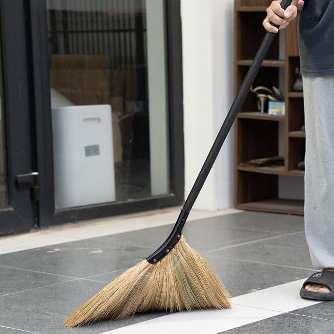Vietnamese Straw Soft Broom - Indoor Grass Broom - Sweeping Hand with Black Long Handle Broomstick for House, Garage, Office, Lobby Room, Kitchen with 56.69 in Length