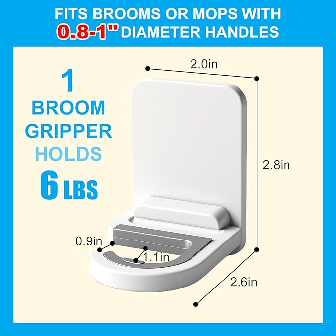 6Pack Broom Holder Wall Mount, Damage Free Hanging Wall Mount Broom and Mop Holder, Household Cleaning Organizer for Organization and Storage, Holds up to 6 lb