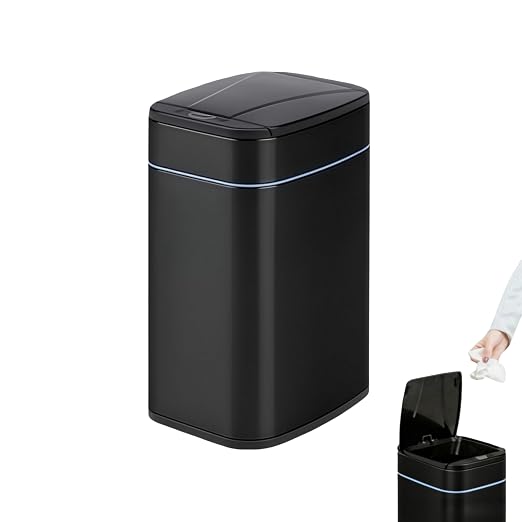 Garbage Can with Lid, Intelligent Sensor Opening and Closing, Small Garbage Can for Living Room, Bedroom, Kitchen and Bathroom (1, Square Black)