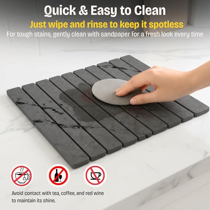 Large Stone Dish Drying Mat for Kitchen Counter, 24"×16" Foldable Fast Drying Diatomaceous Earth Mat, Super Absorbent Stone Drying Pad for Dishes, Cups, Bottles (Grey Marble)