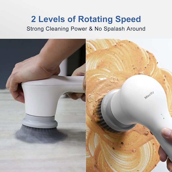 Mecity Electric Spin Scrubber with 5 Replaceable Brush Heads Rechargeable Shower Scrubber Cordless Motorized Scrubber Household Cleaning Brush for Bathtub, Cars, Tile Floor, Kitchen, Window, Wall