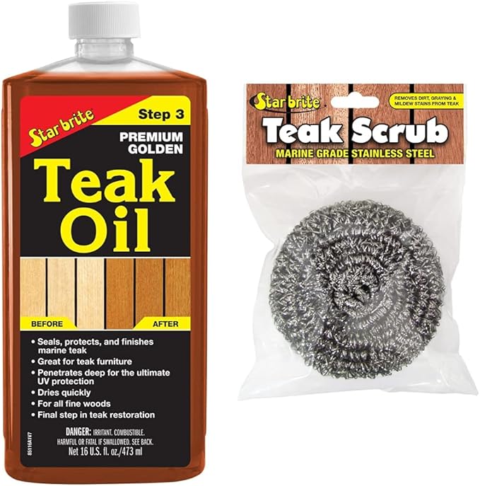 STAR BRITE Premium Golden Teak Oil - Sealer, Preserver & Finish for Outdoor Teak & Other Fine Woods - Step 3-16 OZ (085116PW) & Stainless Steel Teak Scrub - Refinish Wood Furniture & Teak (088450)