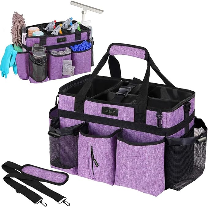 Wearable Cleaning Caddy Bag,Cleaning Supply Tote for Cleaning Supplies, Cleaning Organizer with Adjustable Shoulder and Waist Straps for Cleaners & Housekeepers (Enlarged Purple, Plus)