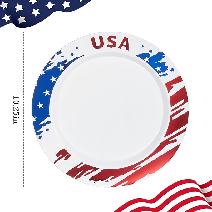 BESTVIP 50Pcs 4th of July Plastic Plates - Patriotic Red White Blue Disposable Plates with USA Pattern for Independence Day Memorial Day Party Supplies