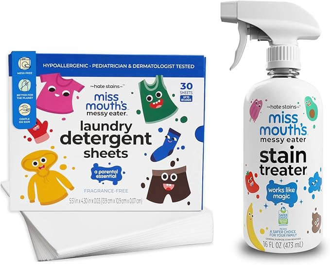 Miss Mouth's Messy Eater Stain Treater Spray - 16oz Stain Remover and Laundry Detergent Sheets - Newborn & Baby Essential