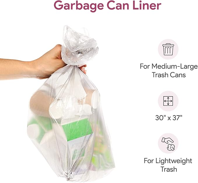 20-30 Gallon Clear Garbage Can Liners, 100 Count - Medium - Large Trash Can Liners - High Density, Thin, Lightweight, 10 Microns - For Office, Home, Hospital, Wastebaskets - 4 Coreless Rolls