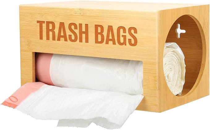 Libreshine Bamboo Garbage Bag Dispenser Roll Holder - Wall Mount Trash Bag Organizer for 13-33 Gallons, Under Sink Kitchen Grocery Bag Storage Container, Not Suitable for Large Roll