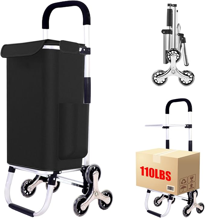 2 in 1 Shopping Cart for Groceries, 110 lbs Grocery Cart on Wheels, Foldable Shopping Cart with 6 Wheels, Load-Bearing Hand Truck with Black Waterproof Bag for Shopping, Camping, Garden