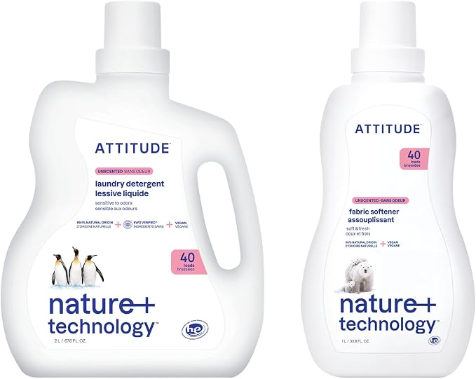 Bundle of ATTITUDE Liquid Laundry Detergent, EWG Verified Laundry Soap, HE Compatible, Vegan Products, Cruelty-Free, 40 Loads, 67.6 Fl Oz + Laundry Fabric Softener, Unscented, 40 Loads, 33.8 Fl Oz