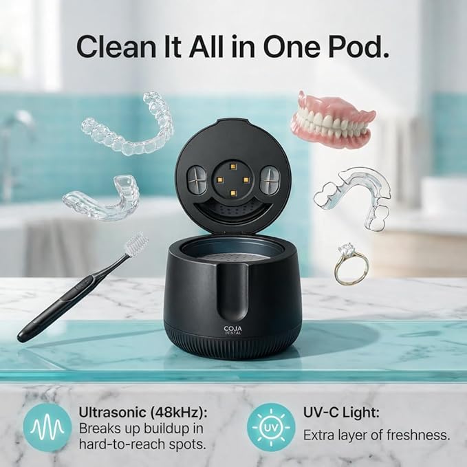 Cleansing Pod PRO + UV | Rechargeable Ultrasonic Retainer Cleaner Machine | 48kHz Ultrasonic Dental Pod for Mouthguard, Dentures & Aligners | 3 Cleaning Modes | Tablets Included