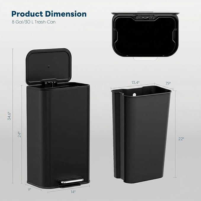 8 Gal/13.2 Gal Stainless Steel Kitchen Trash Can, Step Garbage Can with Soft-Close Lid & Removable Inner Bucket, Fingerprint-Proof Waste Bin with Wide Non-Slip Pedal for Home Office Bathroom