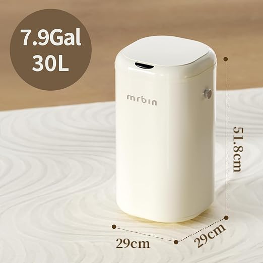 MRBIN Metal Motion Sensor Tall Kitchen Trash Can with Lid and Wheel, 8 Gallon Automatic Garbage Pail Touchless, Electric Covered Waste Basket for Bedroom, Rv, Office, Restroom, Cream White