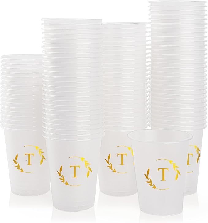 100 Monogrammed Cups Disposable Initial Plastic Cup 12 oz Wedding Personalized Cup for Wedding Reception Baby Shower Birthday Party(Letter T)