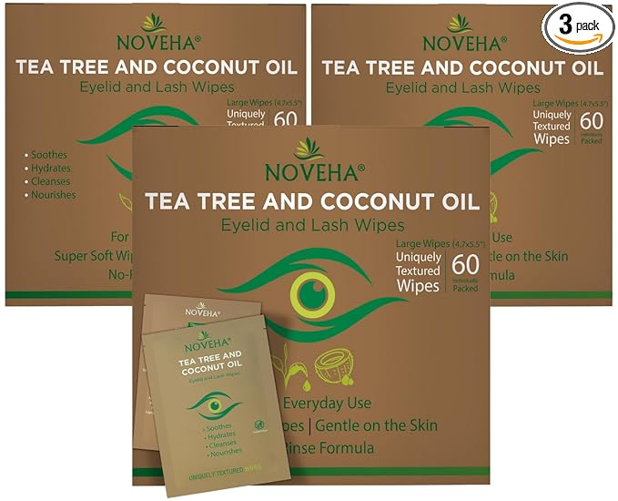 NOVEHA 180PCs Tea Tree & Coconut Oil Eyelid & Lash Wipes | For Demodex, Blepharitis & Itchy Eyes - Effective Eyelash Wipes With Aloe Vera, Natural Makeup Remover & Daily Eye Cleanser - (Pack of 3)