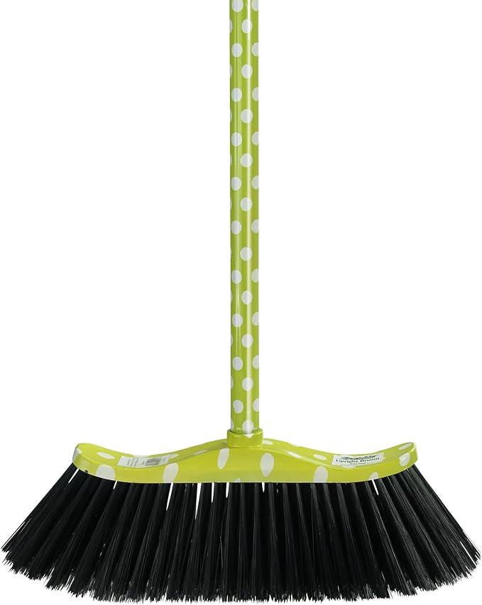 Superio Polka Dot Printed Broom, 2-Pack, Heavy-Duty Indoor & Outdoor Push Brooms with Black Plastic Bristles, Multi-Surface Floor Sweeper, Wooden Handles, 12-Inch Wide Sweeping Head