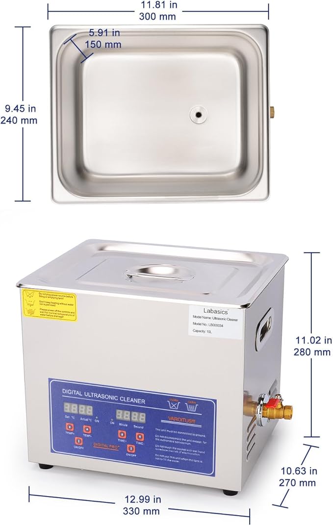 Labasics Ultrasonic Cleaner, Professional All-Purpose Stainless Steel Ultrasonic Washing Device with Digital Display Timer and Heat Control for Laboratory 110V, 10L