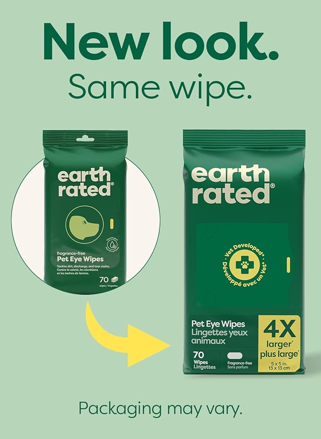 earth rated Vet-Developed Dog Eye Wipes, Hypoallergenic Pet Wipes for Dogs & Cats to Remove Dirt & Discharge, Fragrance Free, 70 Count