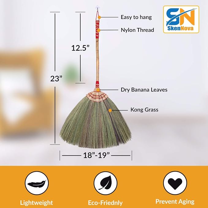 (Tiny Size) 23 inch Overall Tall x 16 inch Width of Asian Hand Broom Tiny Whisk Broom Bamboo Stick with Embroidery Woven Nylon Thread top and Bottom Handle Red or Green Color on Random