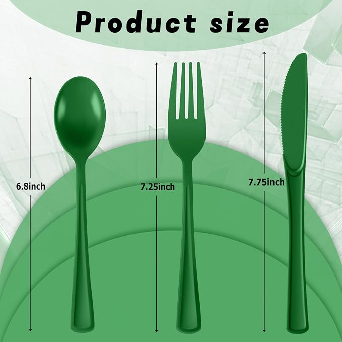 Plastic Silverware 300 PCS Disposable Silverware Heavy Duty Utensil Sets 100 Of Each Forks Knives & Spoons Disposable Cutlery Set For Easter,Birthday,Baby Shower,Garden Party,Wedding(300,Green)
