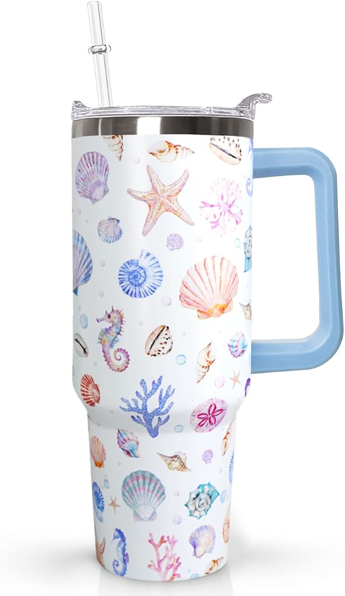 Ceovfoi 40 Oz Rainbow Seashells Tumbler with Handle Lid and Straw,Watercolor Ocean Cup,Water Bottle,Travel Coffee Mug,Hawaiian Rainbow Seashells Decor,Accessorie