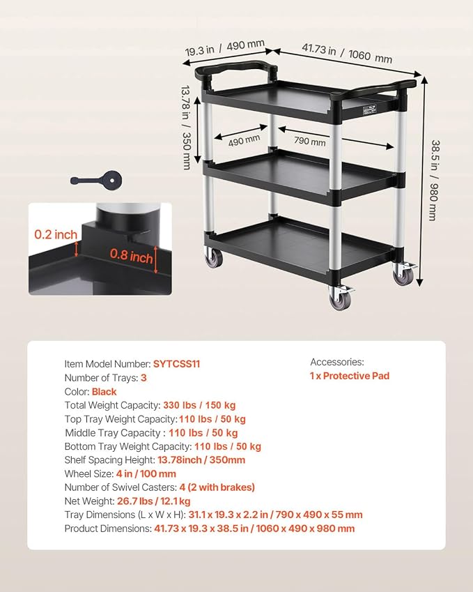 VEVOR Utility Cart, 330 lbs Load Capacity, 3-Tier Utility Plastic Cart with 360° Swivel Wheels (2 with Brakes), 31.1 x 19.3-inch Food Service Cart for Warehouse, Office, Home, Restaurant, Kitchen