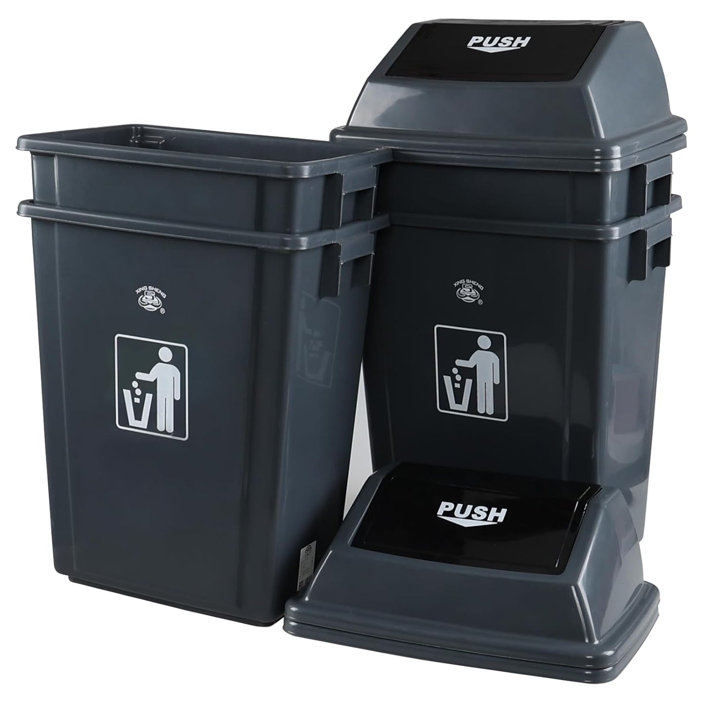 4-Pack Rectangular Waste Container with Swing Lid, 15 Gallon Commercial Trash Can, Gray