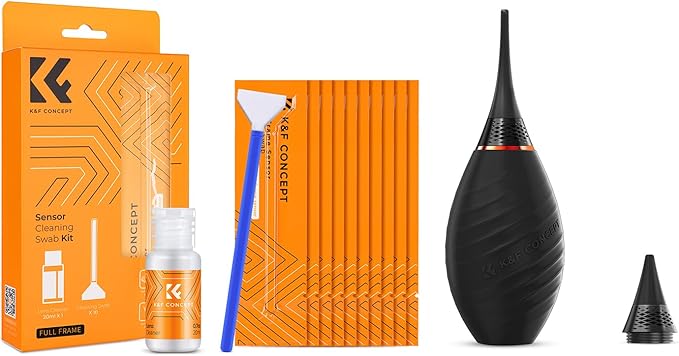 K&F Concept 24mm Full Frame Sensor Cleaning Swab*10+20ml Sensor Cleaner+Long Nozzle/Short Nozzle Air Blower Compatible with Nikon Sony Canon DSLR Camera Sensor