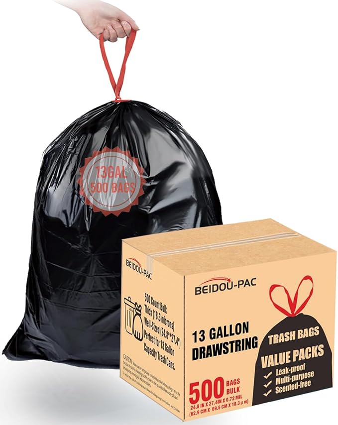 BEIDOU-PAC 13 Gallon Trash Bags Drawstring, 500 Count Bulk Value Pack, Black & Unscented Garbage Bags, Multi-purpose Tall Kitchen Trash Bags Can Liners for Business Home Commercial and Industrial