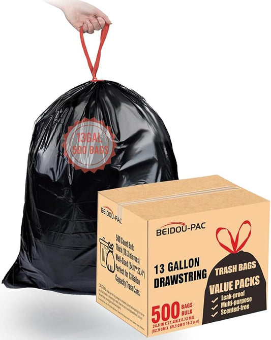 BEIDOU-PAC 13 Gallon Trash Bags Drawstring, 500 Count Bulk Value Pack, Black & Unscented Garbage Bags, Multi-purpose Tall Kitchen Trash Bags Can Liners for Business Home Commercial and Industrial