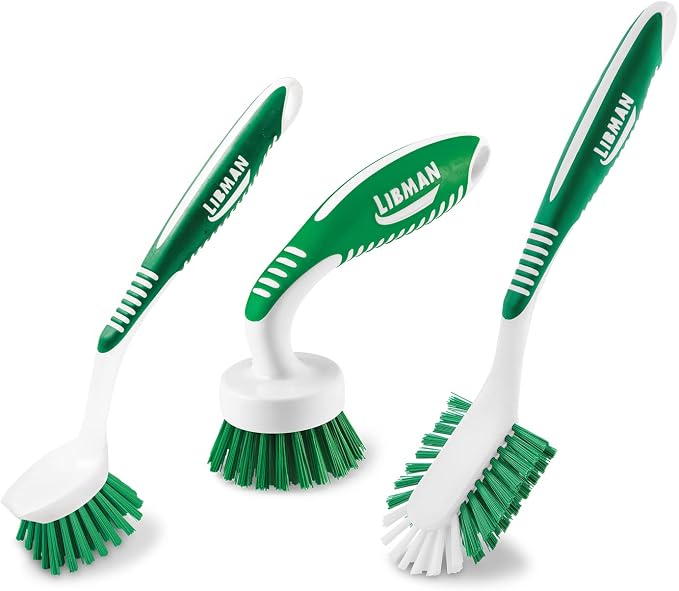 Libman Scrub Brush Kit with 3 Durable Brushes - Tile, Grout, Bathroom, Kitchen + Green & White Cleaning Brush Kit, 3-Piece All-Purpose Set 2406