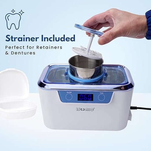 iSonic® DS310-WS+CSGJ01 Miniaturized Commercial Ultrasonic Cleaner with Integrated Stainless Steel Beaker Holder Set, White and Sapphire Blue, with a Bottle of Cleaning Solution