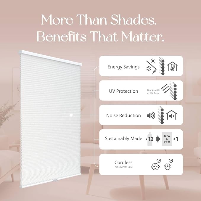 REGAL estate QuickInsta PeelMount No Drill No Tools Cordless 1" Light Filtering Cellular Shade, 18" W x 48" H, White
