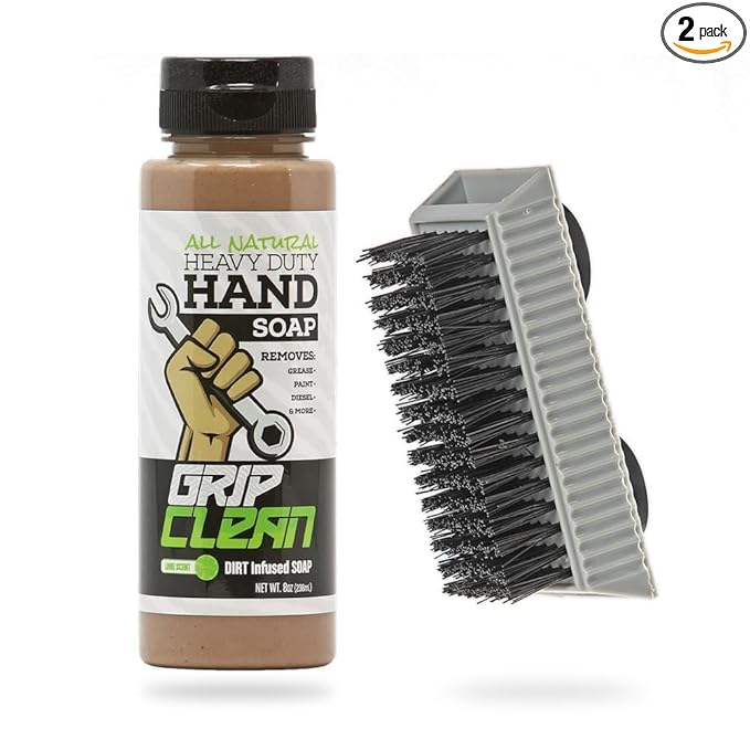 Grip Clean Heavy-Duty Hand Cleaner for Mechanics with Nail Brush - Moisturizing Coconut Oil Hand Cleaner Liquid Hand Soap with Stiff Bristle Nail Brush, Lime Scent – 8 Fl Oz Squeeze Bottle + Brush