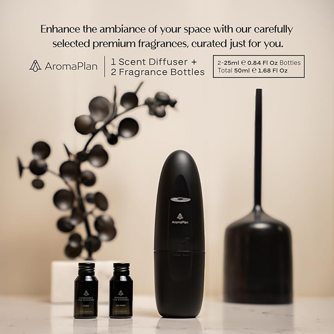 AromaPlan 5 Star Collection Plug in Diffuser (2 Fragrances Included)-Cold Air & Waterless Diffusers for Home & Office- Silent Wall Diffuser Plug in, Bluetooth App Control, 500 sq. ft (Black)