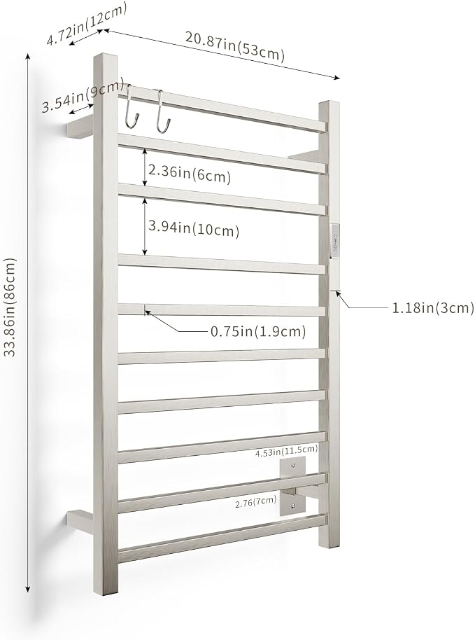Wall Mounted Towel Warmer Square 10 Bars with Plug-in and Hardwired Options 3 Working Modes Brushed Stainless Steel 21" W 34" H