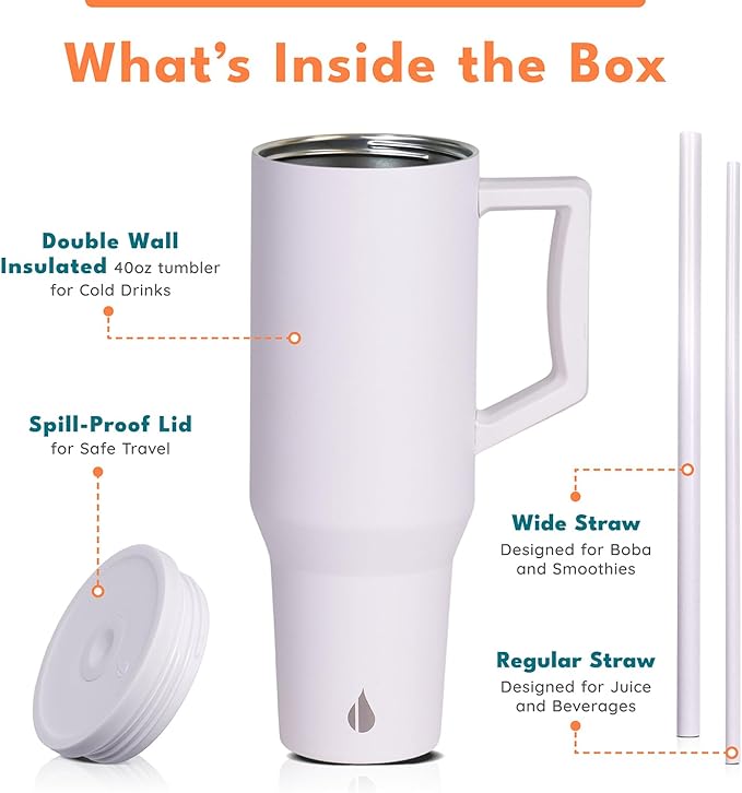 Elemental 40 oz Tumbler with Handle and Straw - Spill Proof Insulated Stainless Steel Commuter for Cold Beverages - Travel Coffee Mug with 2 Straws & Spill Proof Lid - 40oz - White