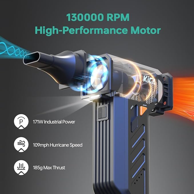 KiCA Jet Fan Ultra Electric Air Duster - 109MPH Cordless Air Duster with LED Light, 130000 RPM Turbo Fan, Stepless Speed Control Dust Blower for Computer, Keyboard, Outdoor, House and Car (White)