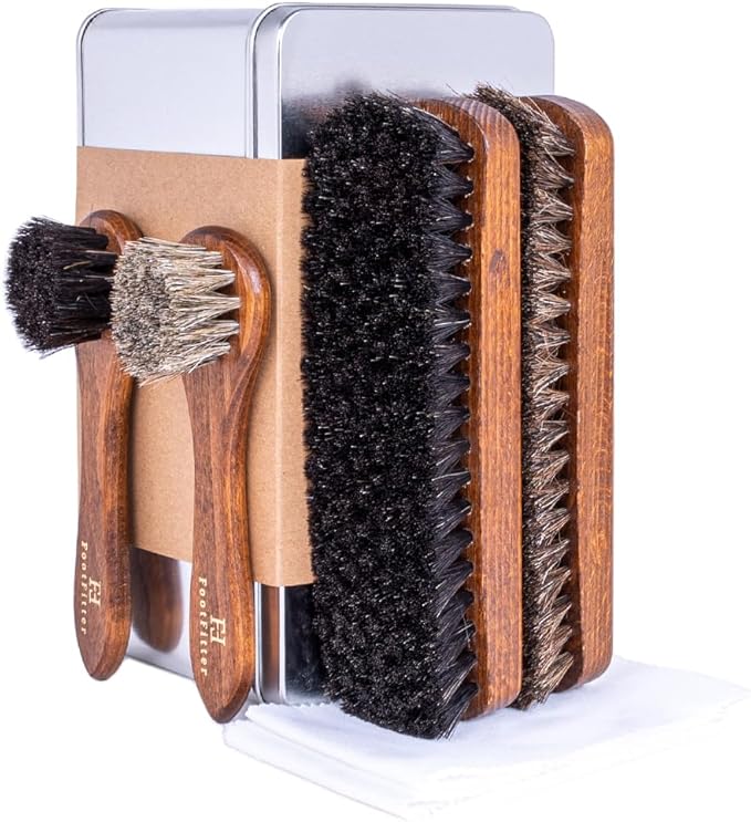 FootFitter Essential Horsehair Shoe Shine Brush Set, Shoe Care Kit with Shoe Shine Brushes & Cloths for Polishing Leather Footwear (Made in Germany)