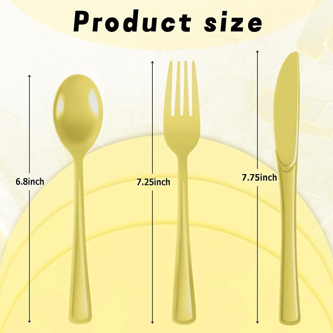 Plastic Silverware 300 PCS Disposable Silverware Heavy Duty Utensil Sets 100 Of Each Forks Knives & Spoons Disposable Cutlery Set For Easter,Birthday,Baby Shower,Garden Party,Wedding(300,Light Yellow)