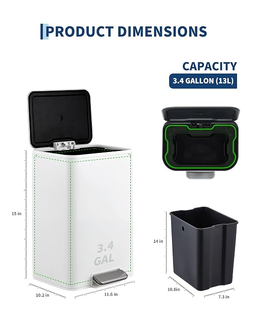 GarveeHome 3.4 Gallon Small Bathroom Trash Can, Stainless Steel Garbage Can with Quiet Soft-Close Lid, Foot Pedal & Removable Inner Bucket for Home, Office, White