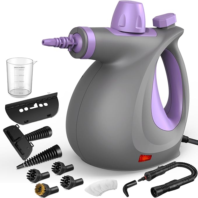 Pressurized Handheld Multi-Surface Natural Steam Cleaner with 12 pcs Accessories, Multi-Purpose Steamer for Home Use, Steamer for Cleaning Floor, Upholstery, Grout and Car (Grey) (Purple)