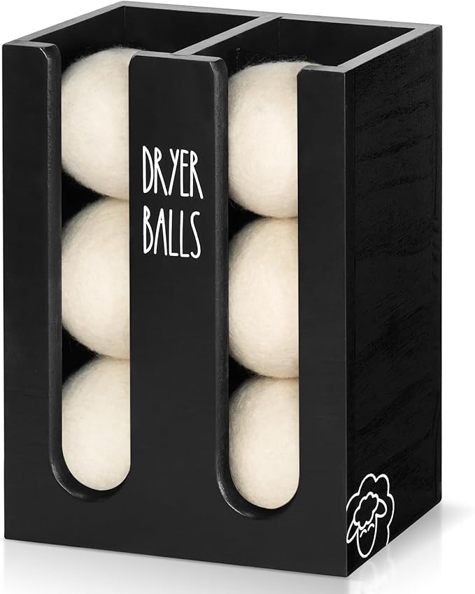 Magnetic Dryer Ball Holder Wall Mount for Washer Dryer, Wood Laundry Organizer and Storage, Wool Dryer Balls Container Dispenser Basket with Magnetic Lint Bin, Laundry Room Accessories and Essentials