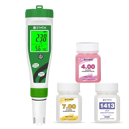 pH Meter for Water Hydroponic with Calibration Solution, 4 in 1 pH Meter with pH 4.0 7.0 & EC 1413μS/cm Calibration and Probe Cleaning Solution for Water, Pool, Aquarium, Fish Tank