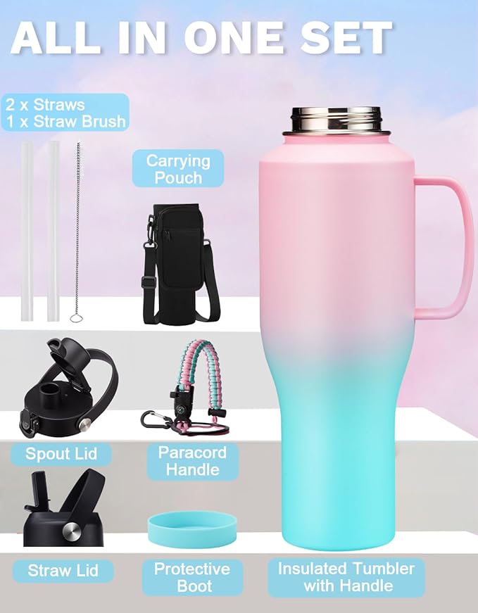 40 OZ Water Bottle Insulated Fits in Car Cup Holder, Water Tumbler with Straw & Spout Lids, Paracord Handle, 40oz Insulated Water Bottle with Handle Keep Cold-48h Hot-24h for Travel Gym Office